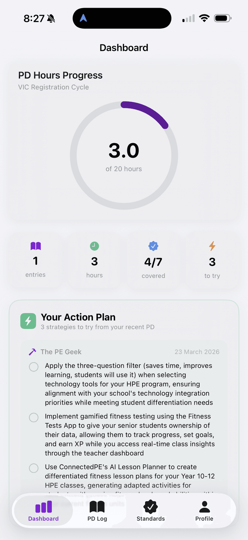 Easy PD dashboard showing professional development tracking