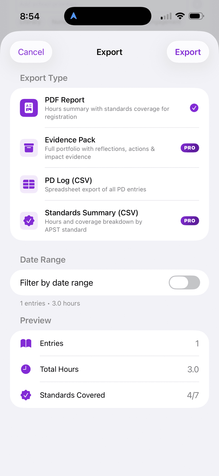 Evidence pack export aligned to teaching standards