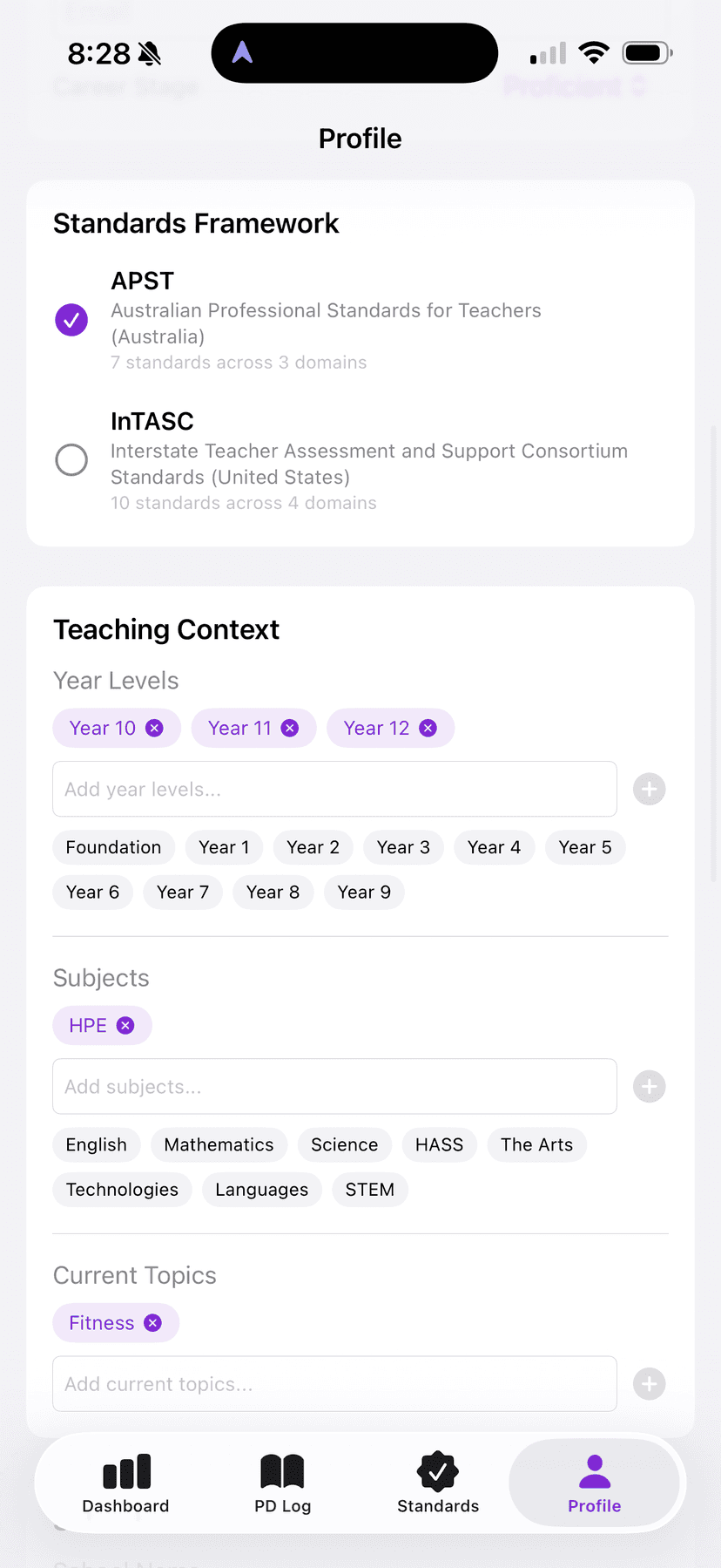 Teacher profile with subject and year level context