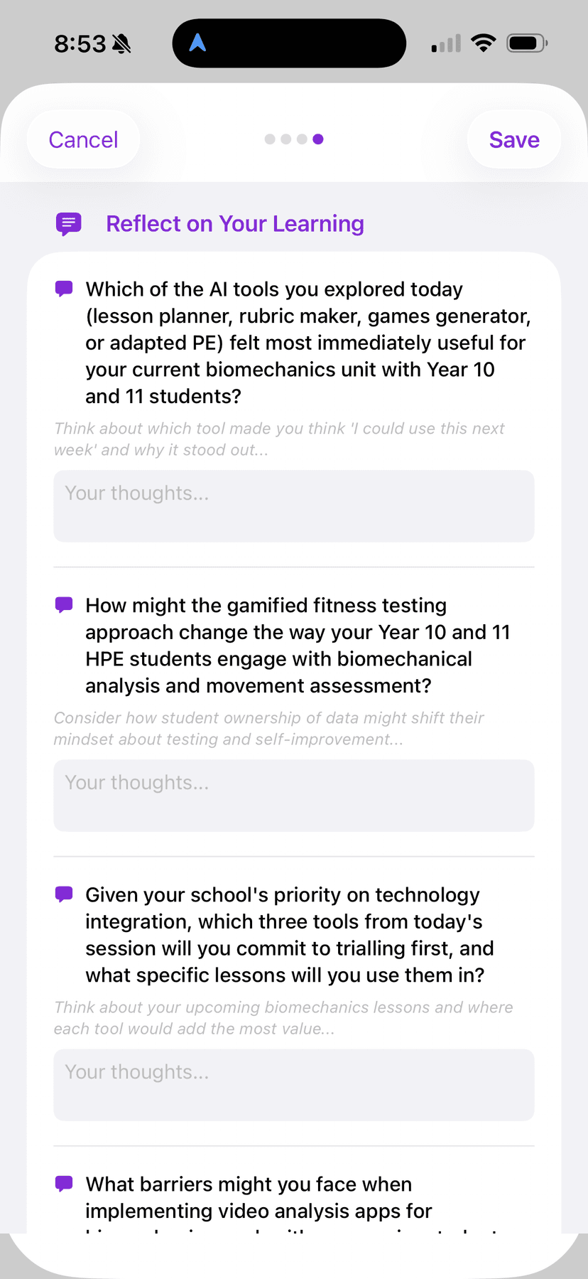 Guided reflection questions for PD evidence