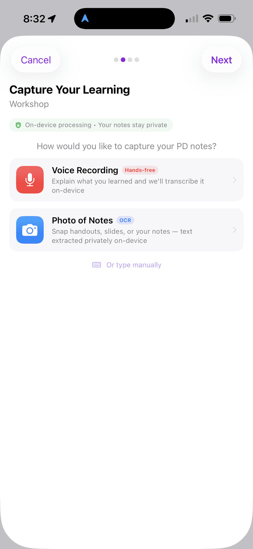 Smart capture interface for voice, photo, and text notes